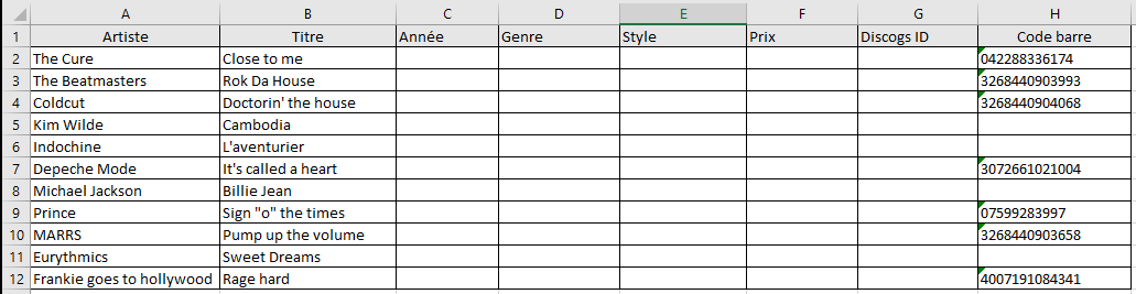 Artiste, titre et un tableau vide 